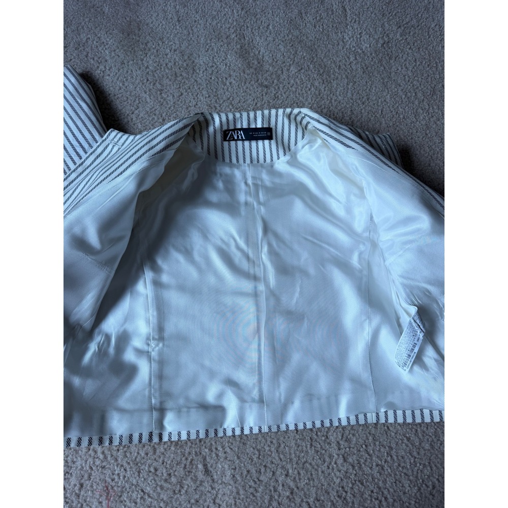 Zara Blazer Cropped Striped Gold Button Nautical Cream Navy Medium - Picture 8 of 9